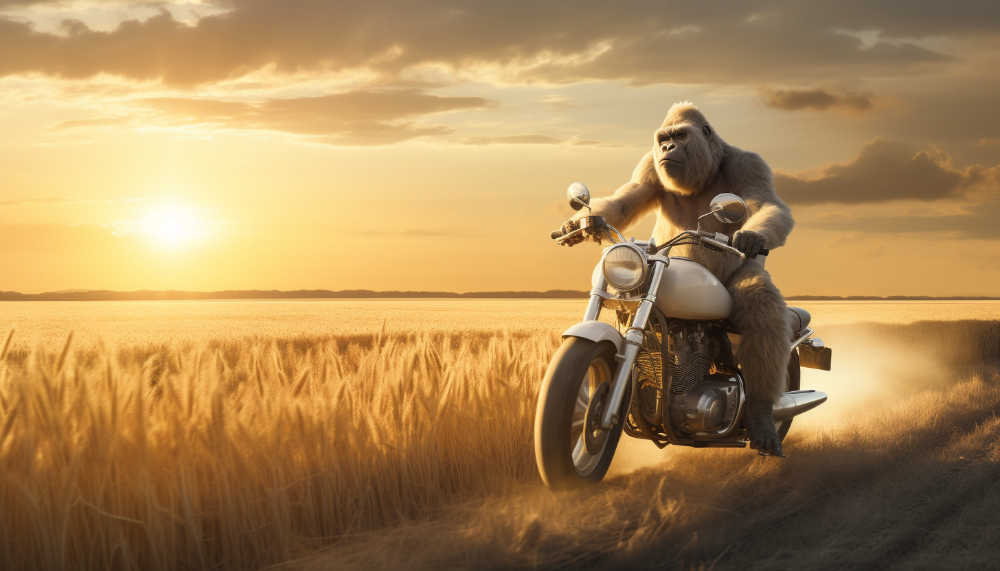 Gorilla riding motorcycle in Kansas sunset