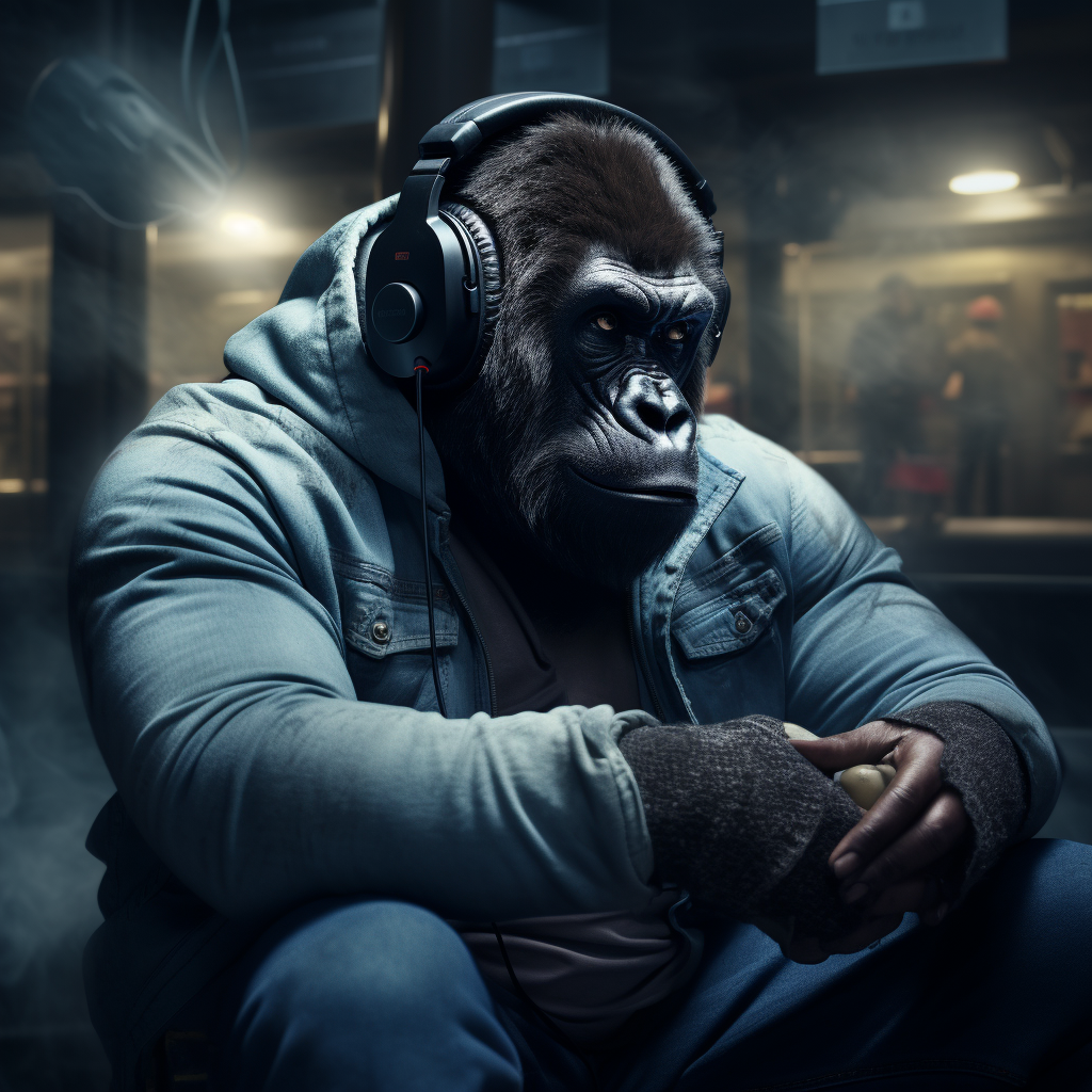 Gorilla teenager wearing headphones doing sports in gym