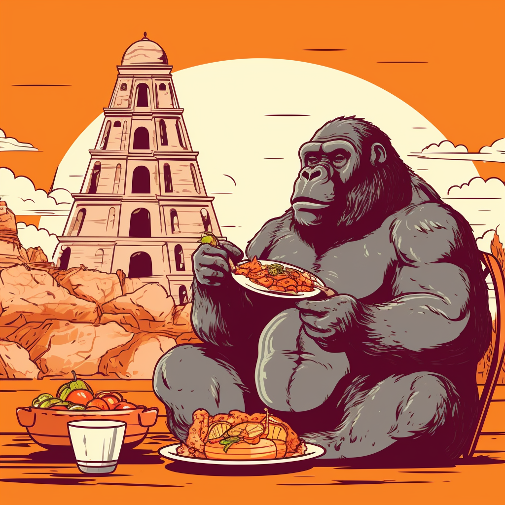 Cartoon gorilla tourist eating pizza in Italy