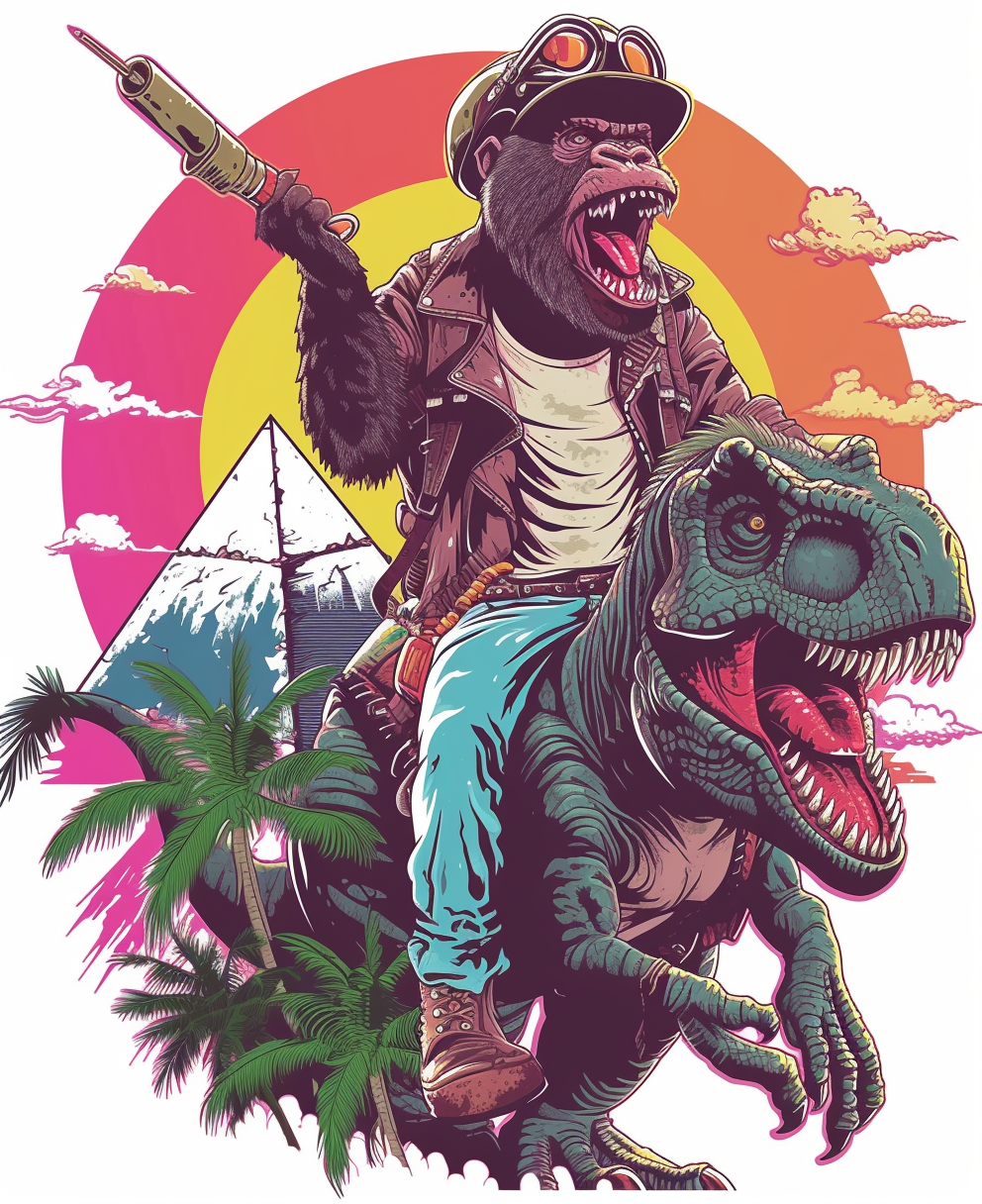 Gorilla warrior riding T-Rex in vibrant pop art scene