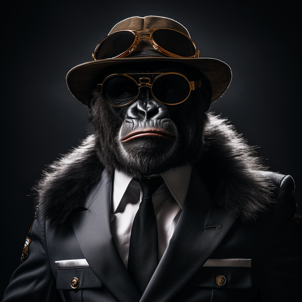 Gorilla in black suit with sunglasses