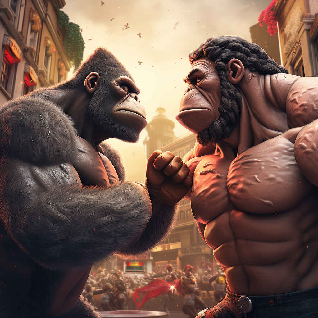 Strong gorilla fighting Donkey Kong in city rooftop