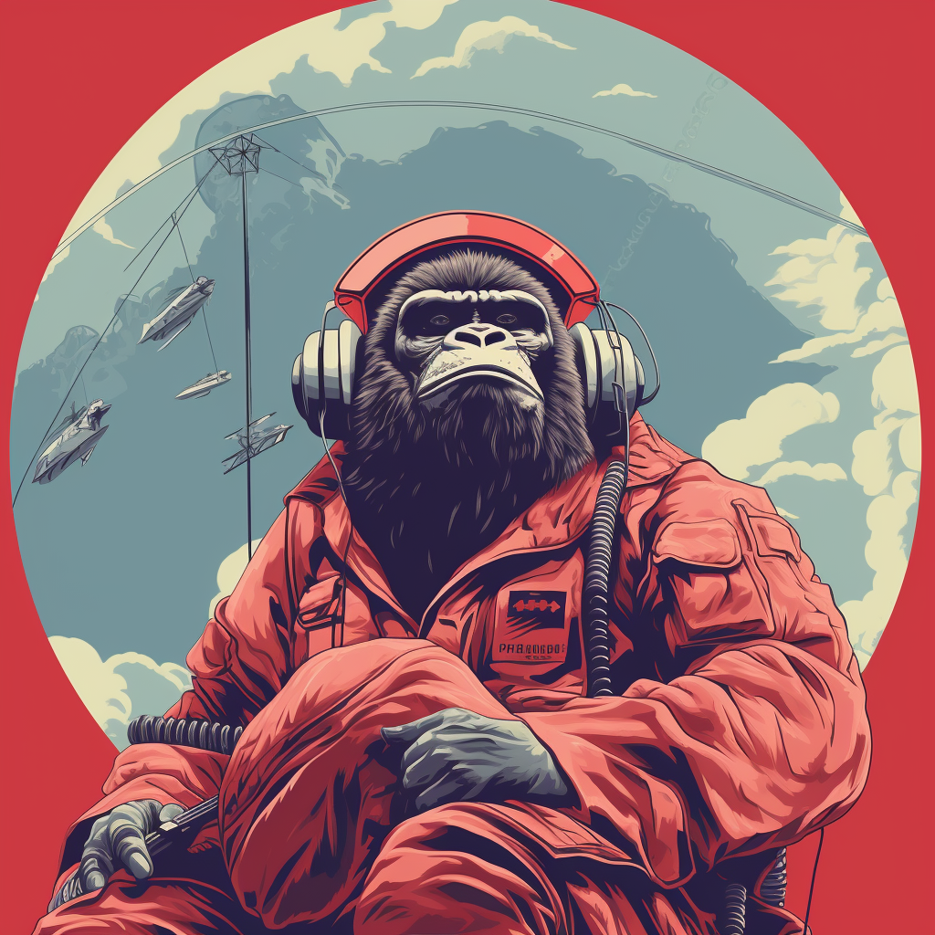 Gorilla wearing red beret clinging to antenna