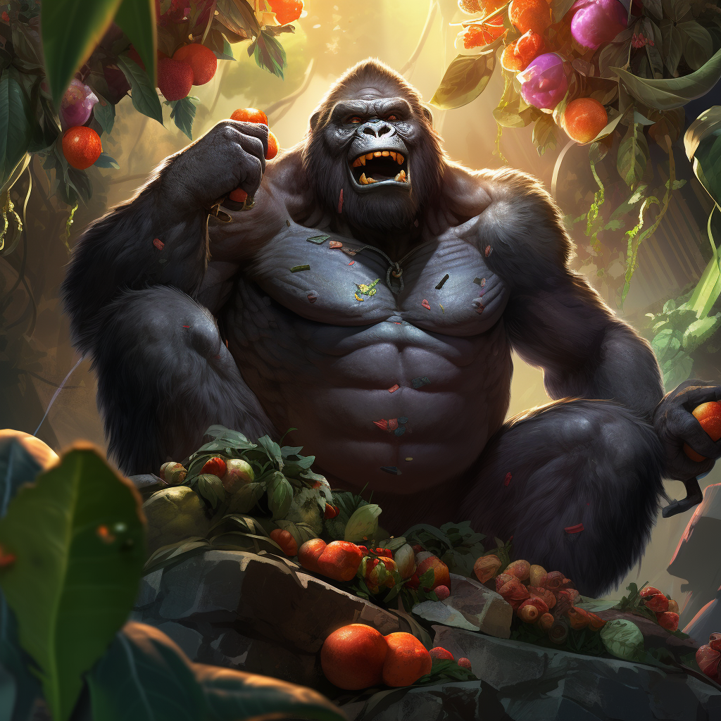 Smiling gorilla eating fruit in jungle