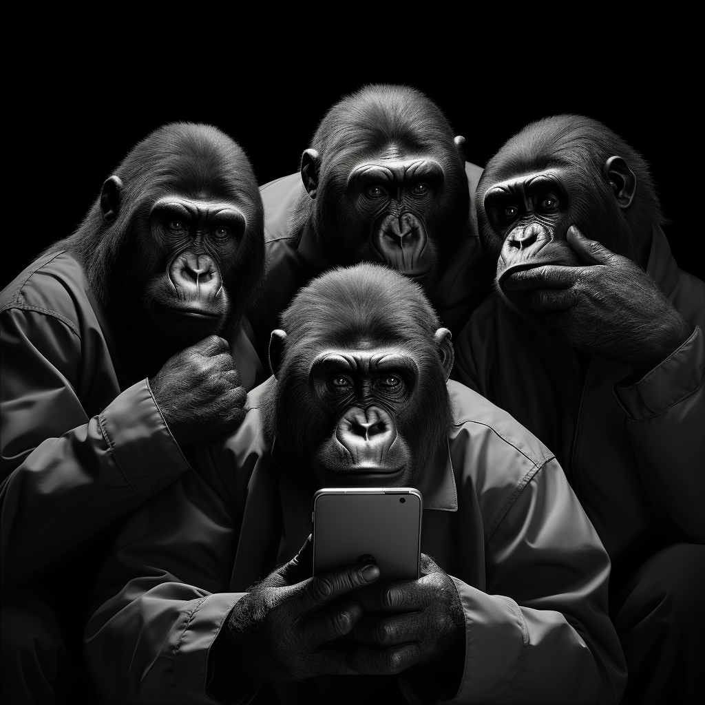 Gorillas covering senses, one on cellphone