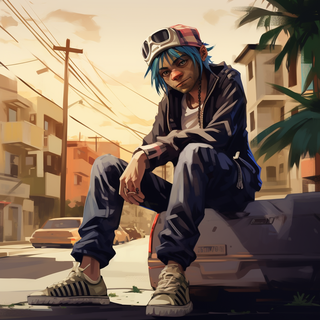 Colorful illustration of Gorillaz 2-D chilling on a curb with a sandwich