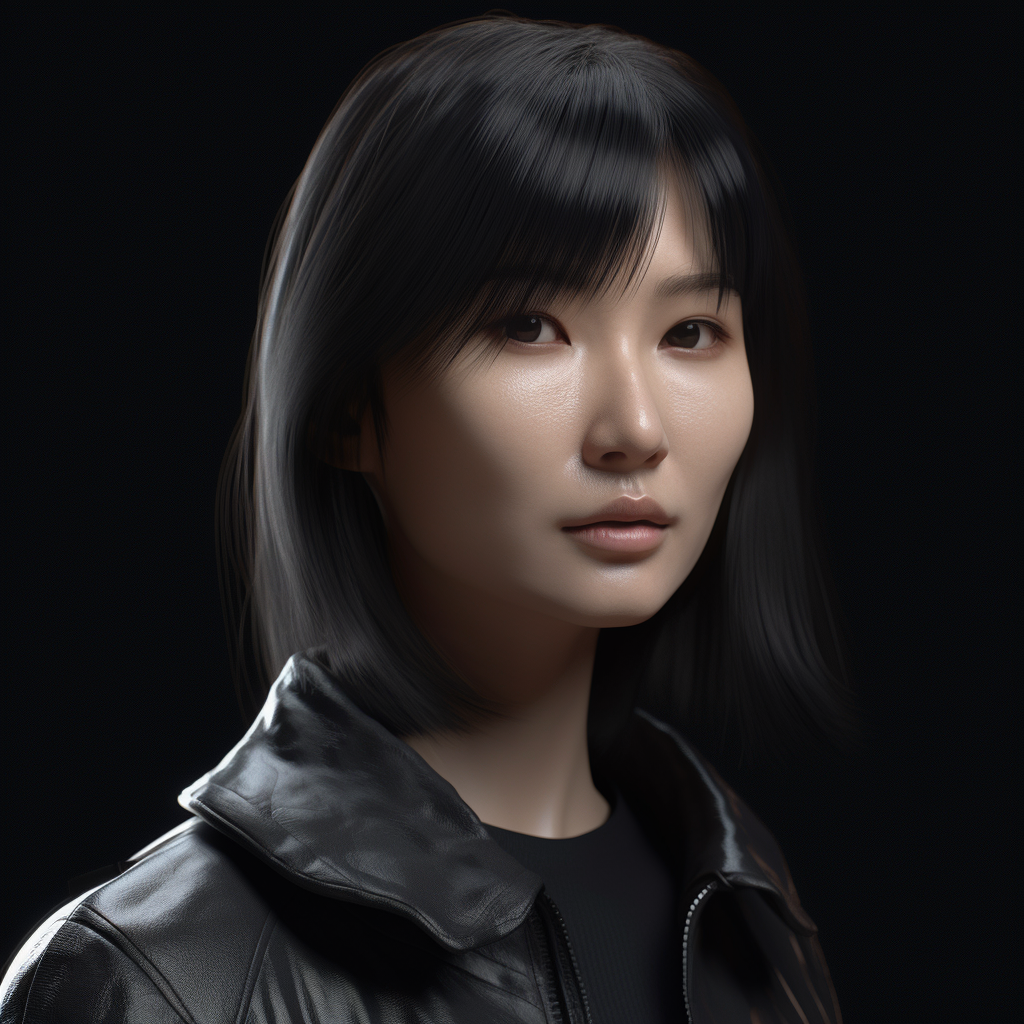 Close-up of Goth Gemma Chan in Black Agent Gear