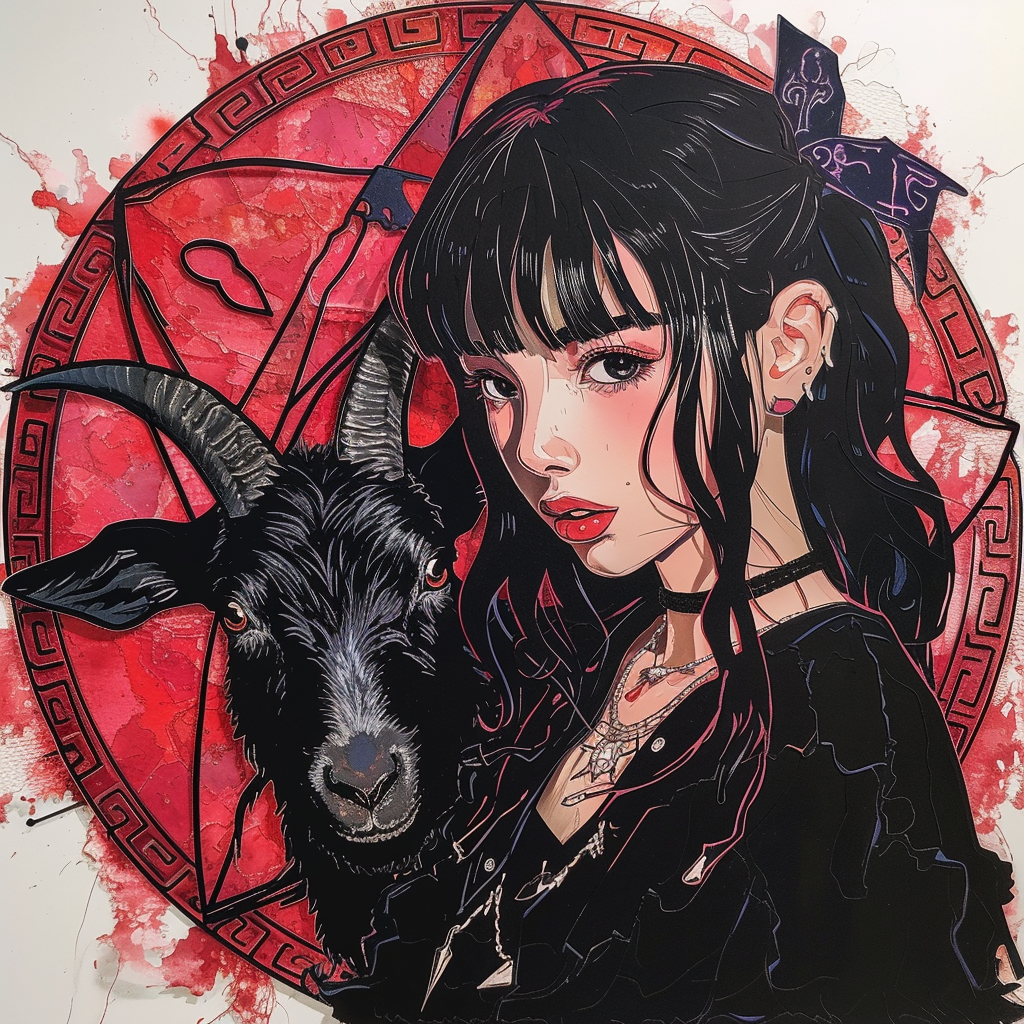 Goth girl with black hair and satanic pentagram