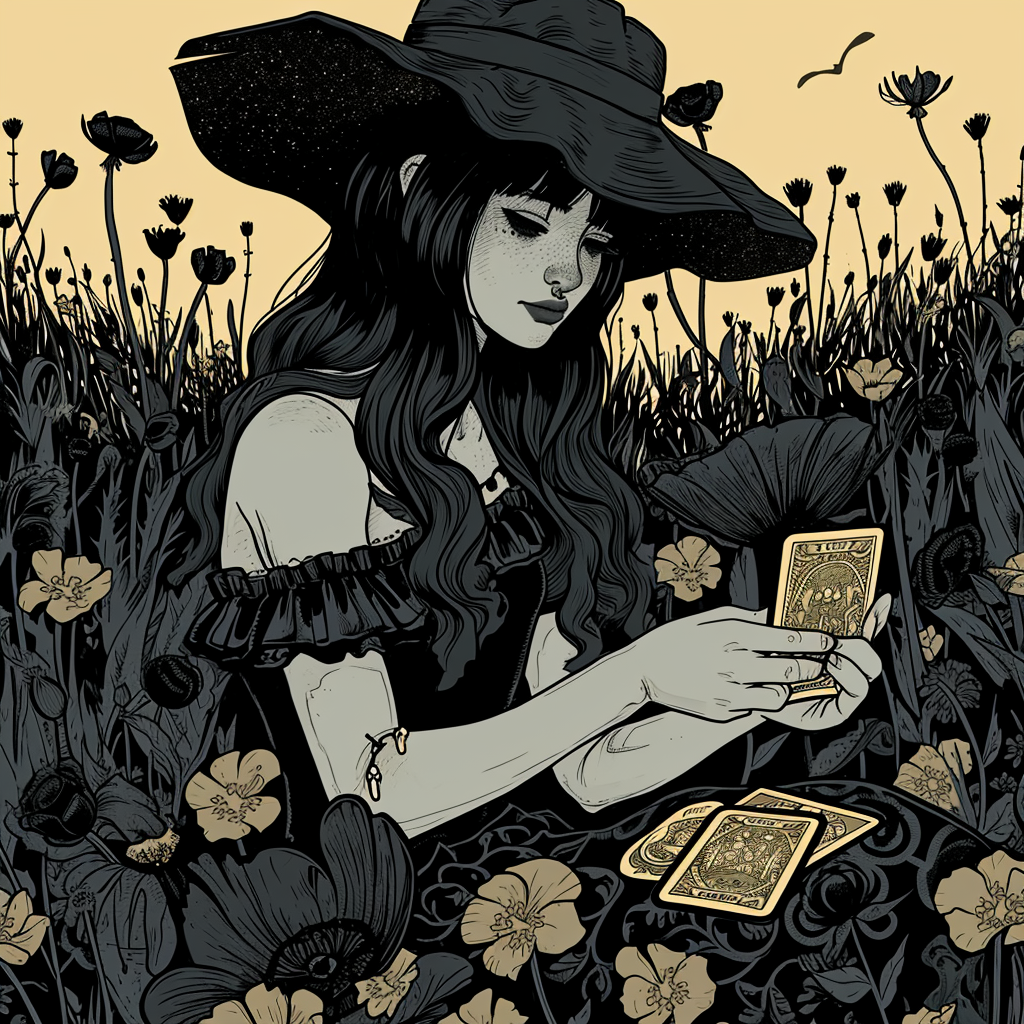 Goth girl with tarot cards in black sundress