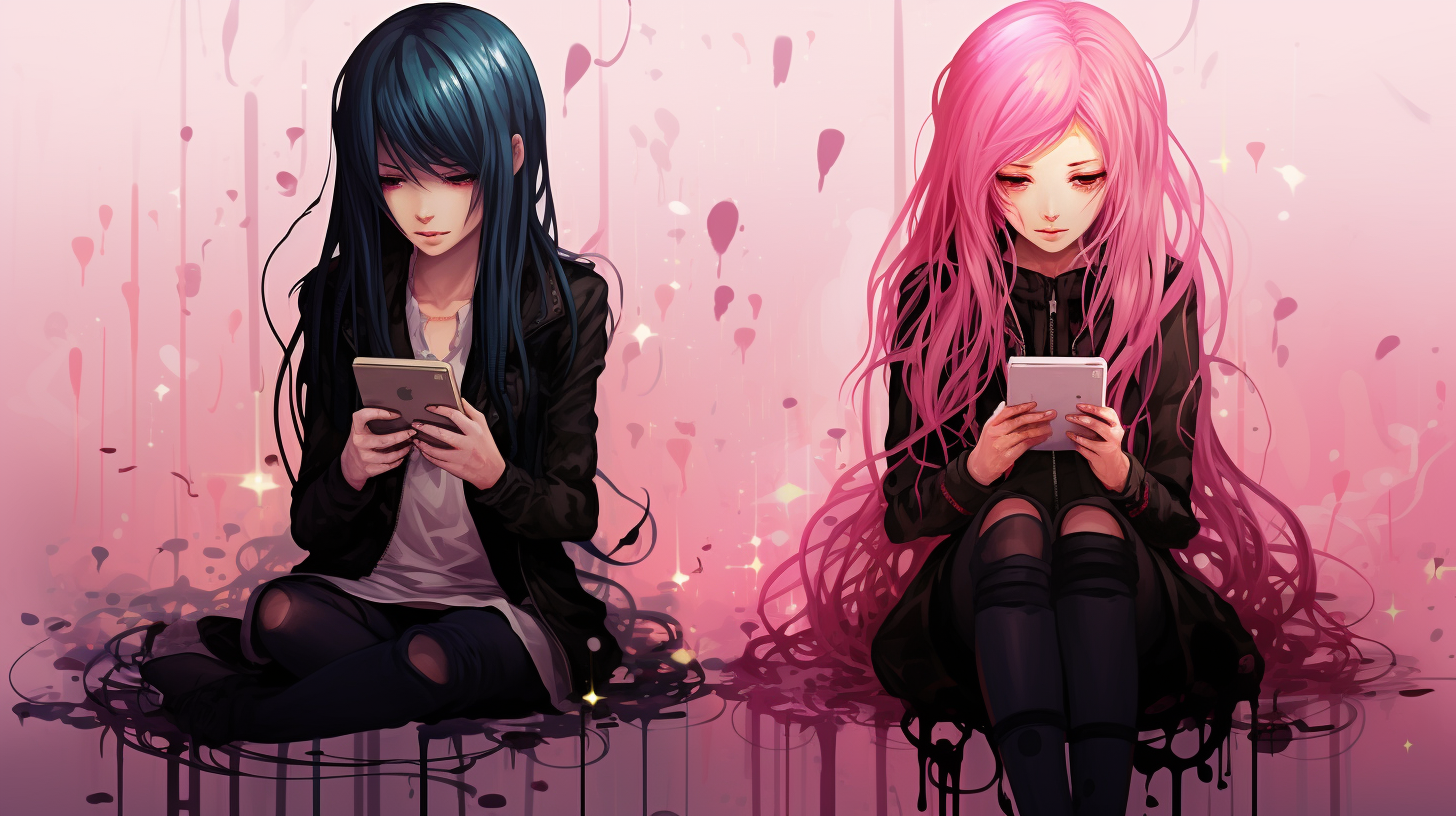 Anime-style goth and pink-haired girls on phone