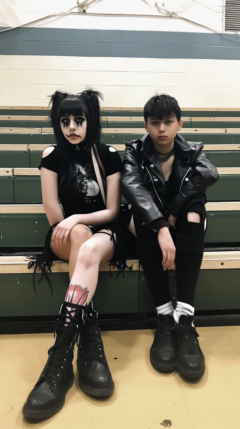 Stylish goth punk high school twins on bleachers in gym