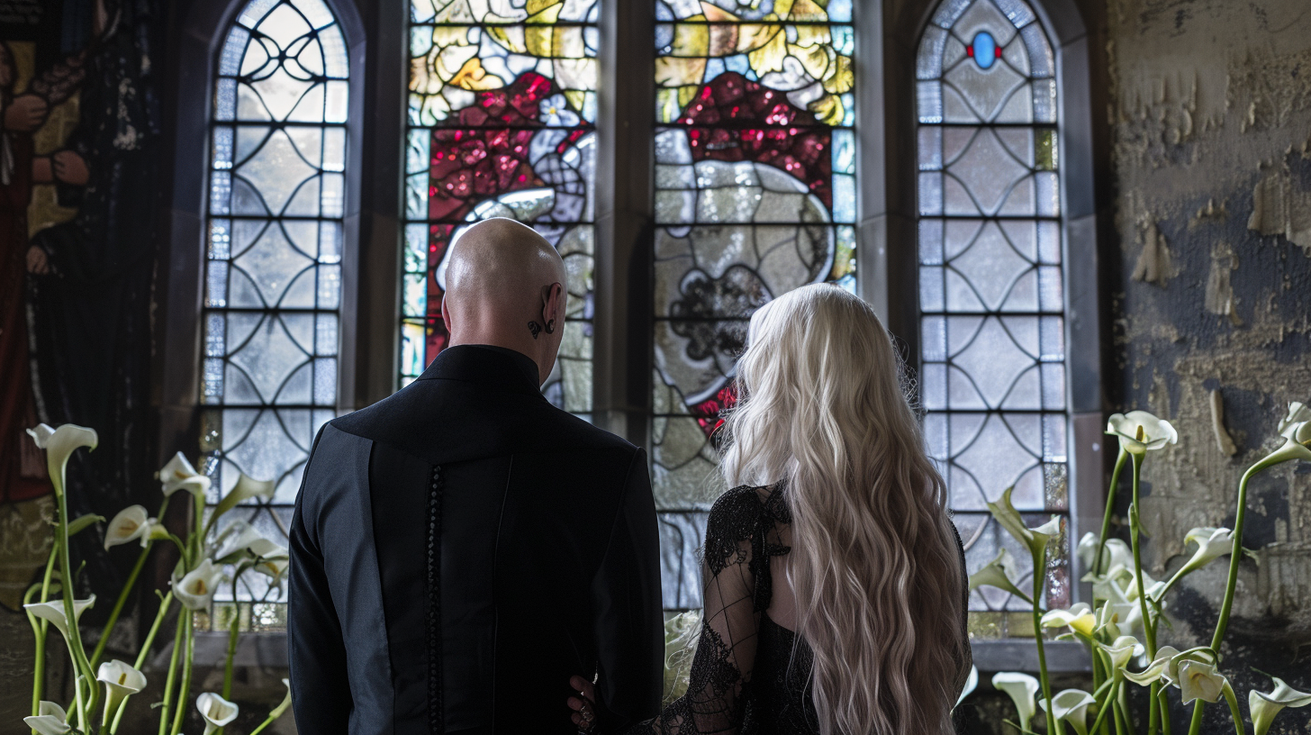 Gothic wedding ceremony with stained glass