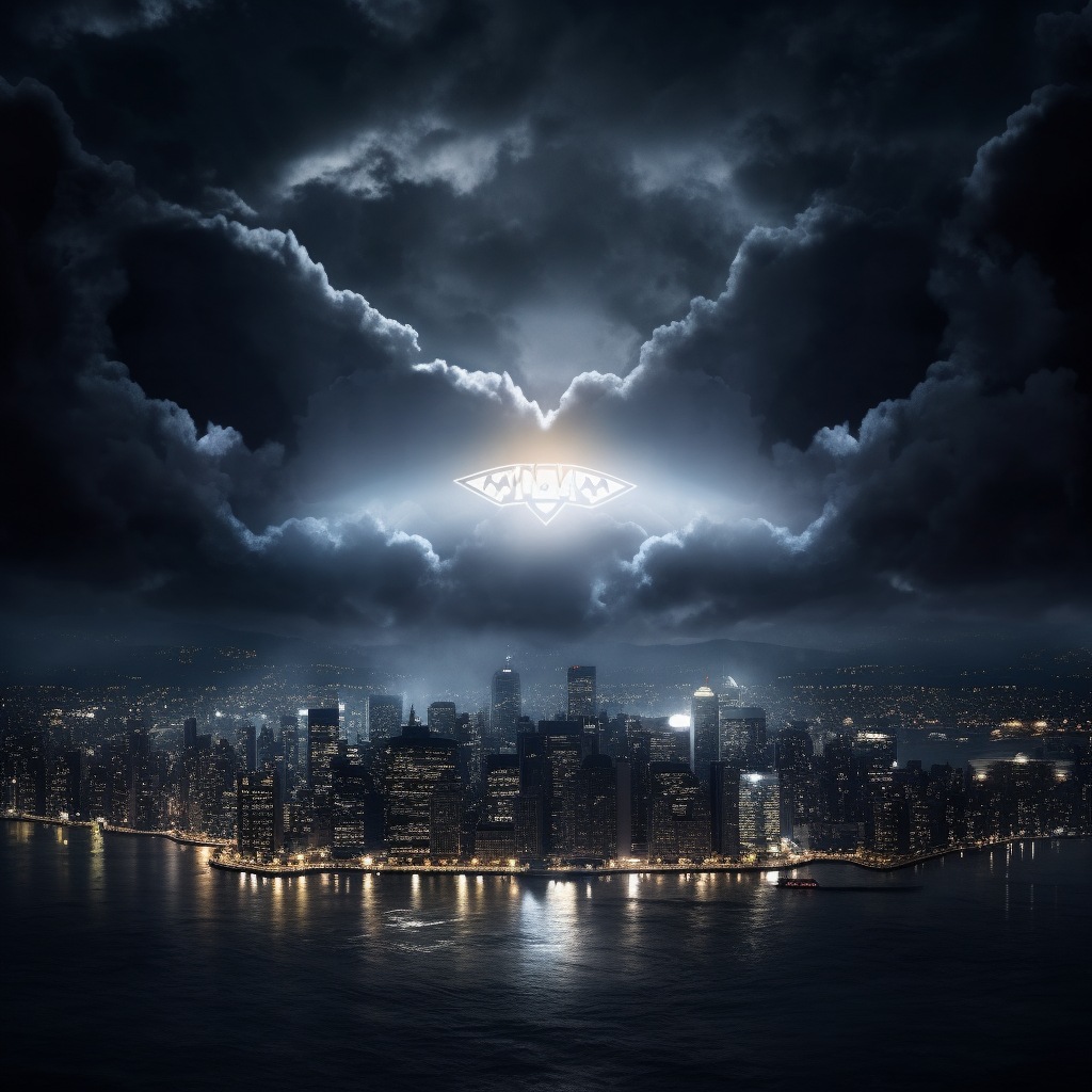 A captivating image of Gotham City's night skyline with a shining  X  symbol in a spotlight