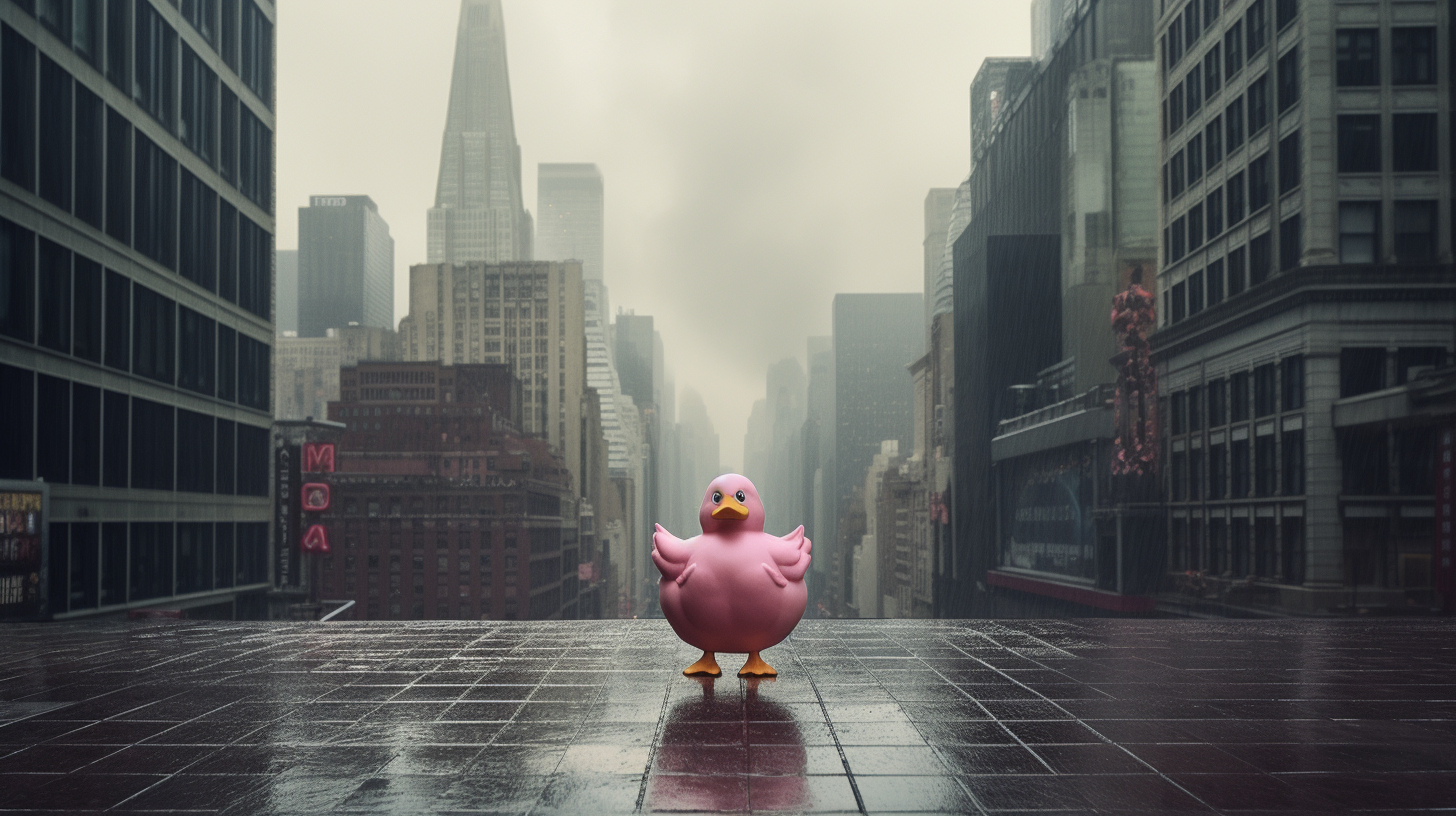 Image of Gotham City with Pink Duck in Rain