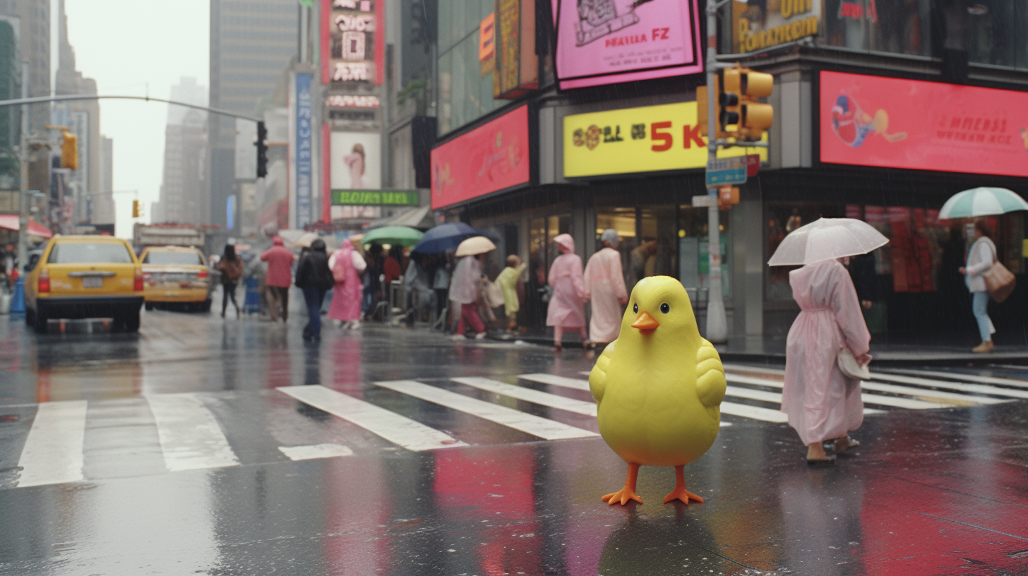 Gotham City rain with pink duck in the sky