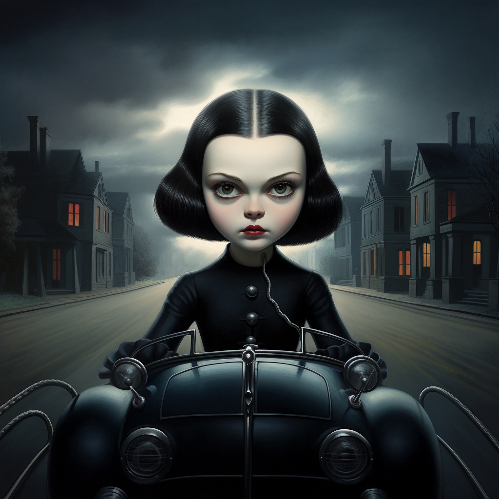 Wednesday Addams driving the Batmobile