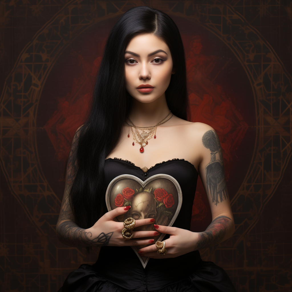 Gothic brunette woman holding sacred heart