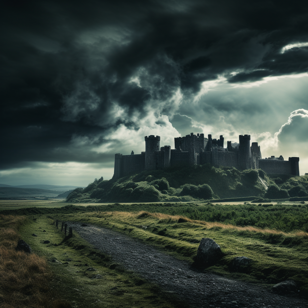 Massive gothic castle in dark stormy Wales landscape