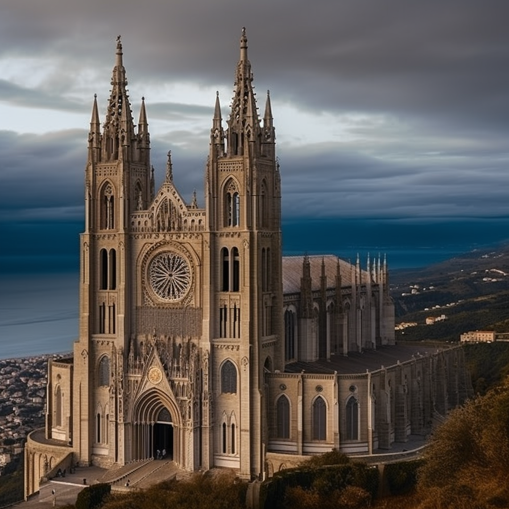 Beautiful gothic cathedral on hillside with port city view