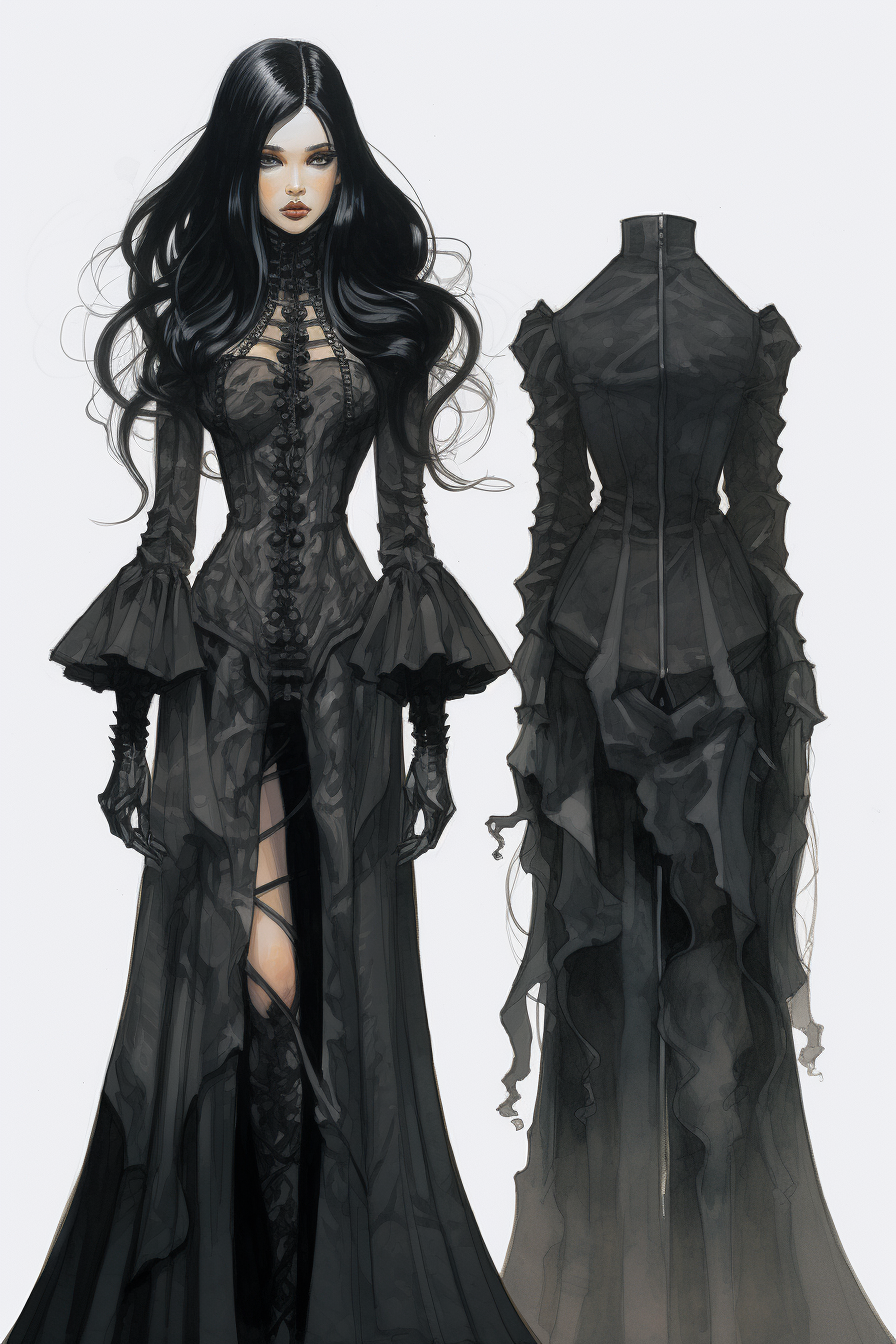 Tall black-haired gothic woman in fashion illustration