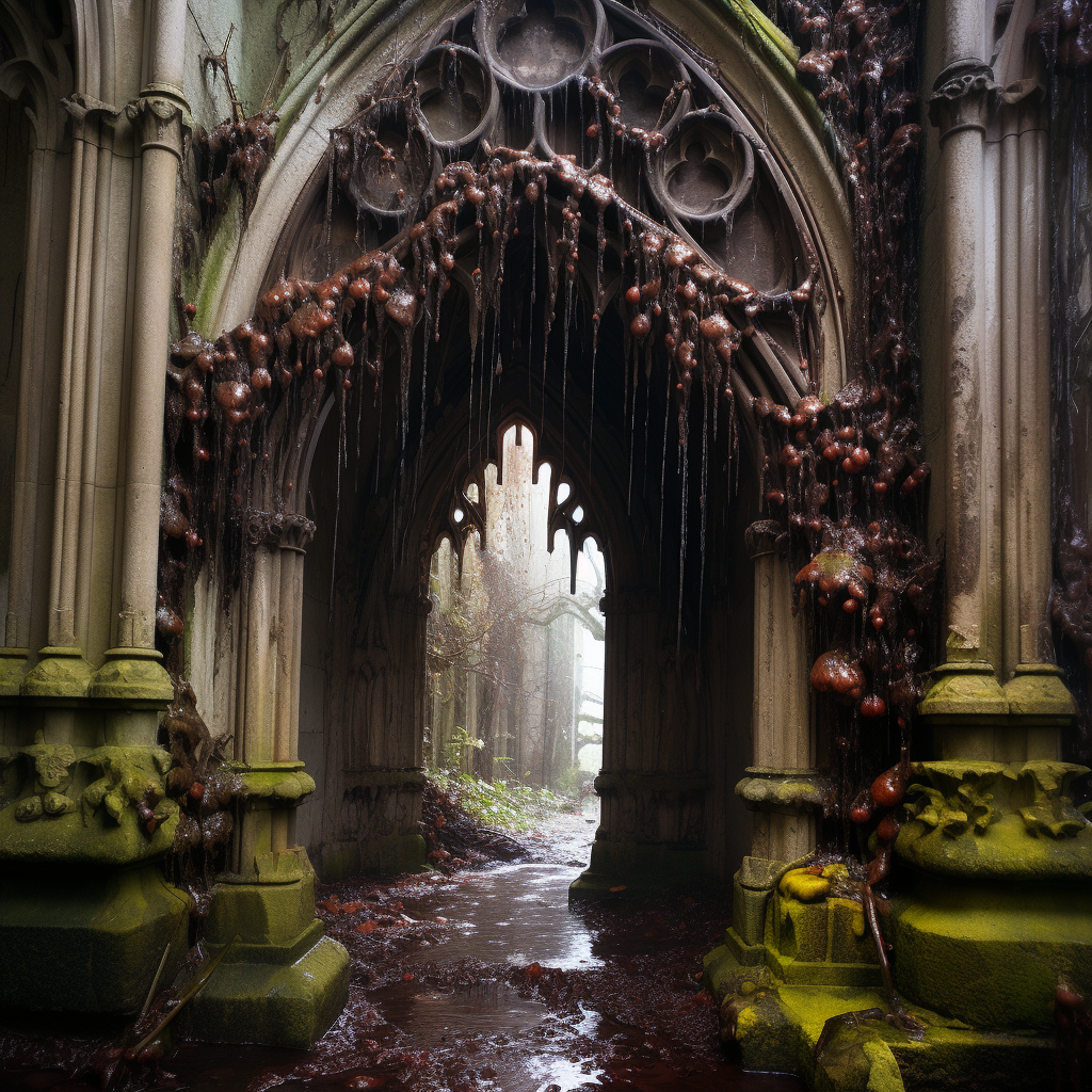 Gothic church doorway covered in slime mold