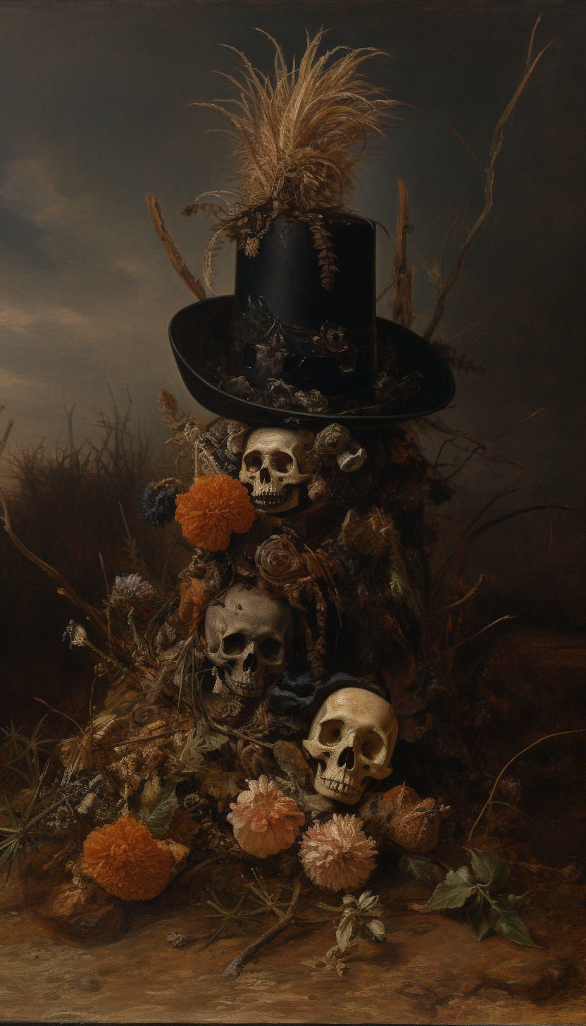 Gothic Cowboy Hat with Rope, Wilted Flowers, and Gun