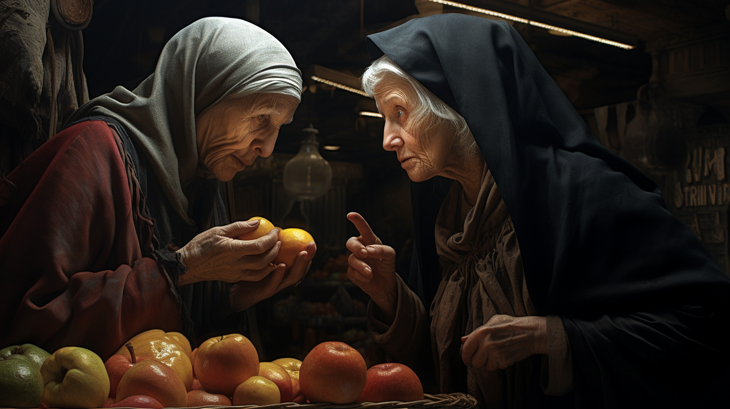 Two concerned elderly women at fruit stall