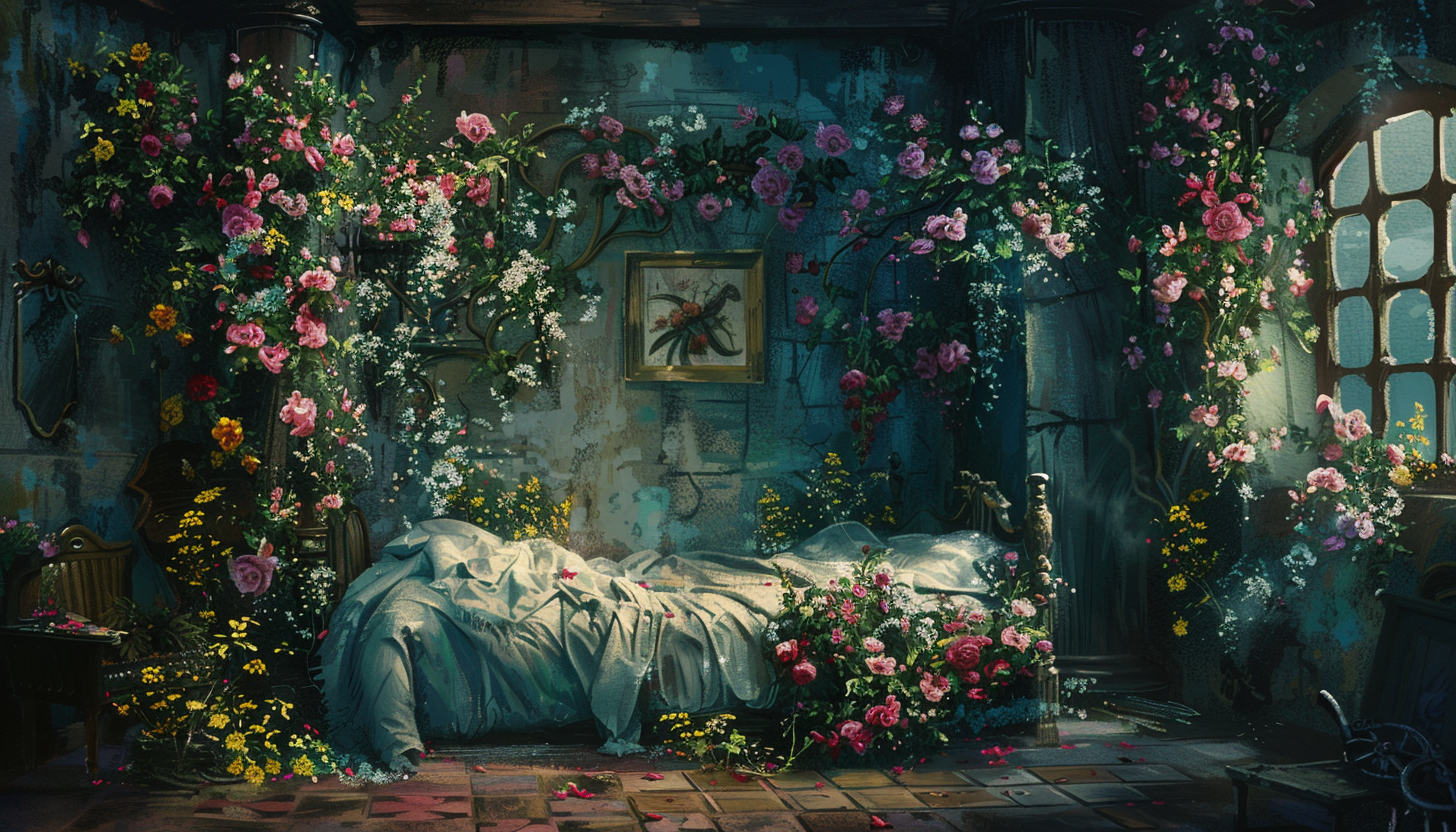 Gothic fantasy bedroom with flowers