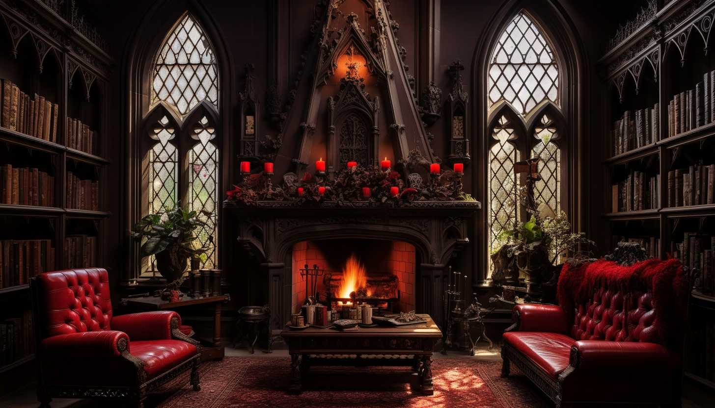 Gothic fireplace with melted candles and red leather chairs