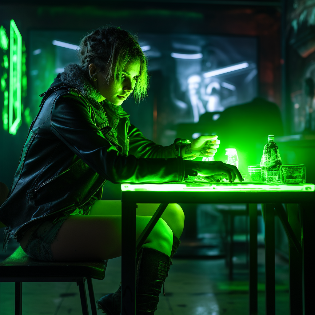 Woman sitting in green neon lights