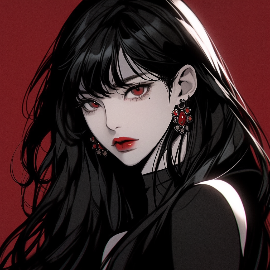 Girl with long black hair and small fangs