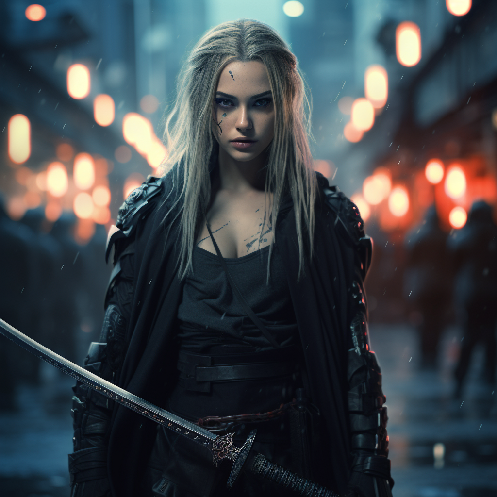 Young Gothic Girl with Katanas in Cyberpunk City