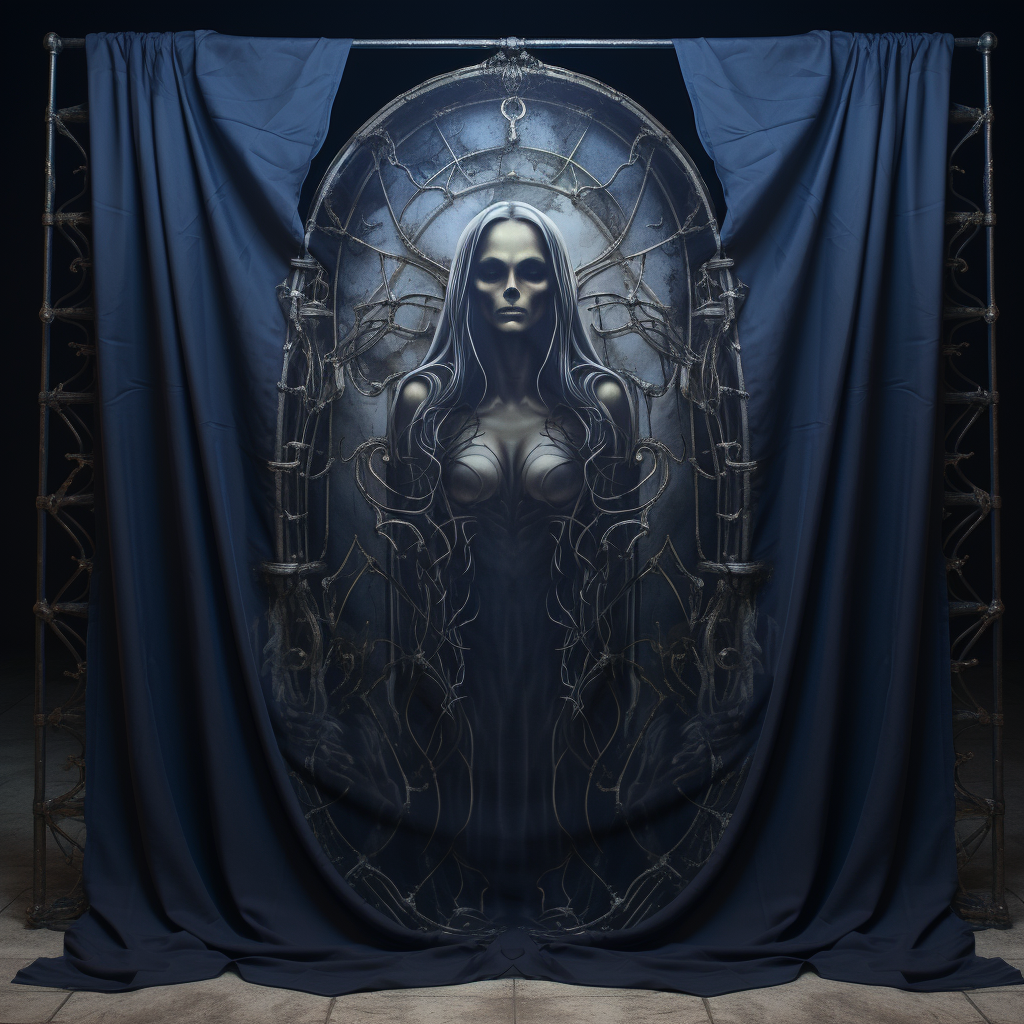 Veiled Goddess Skull in Navy Robes at Gothic Iron Gates