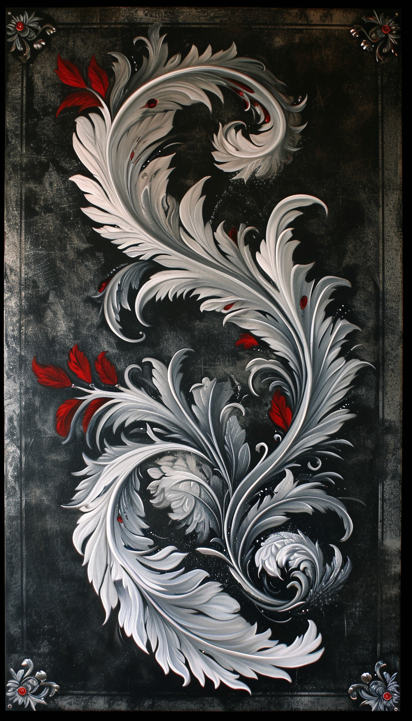 Gothic Grace Feathery Scrolls Oil Painting 3D Embroidered