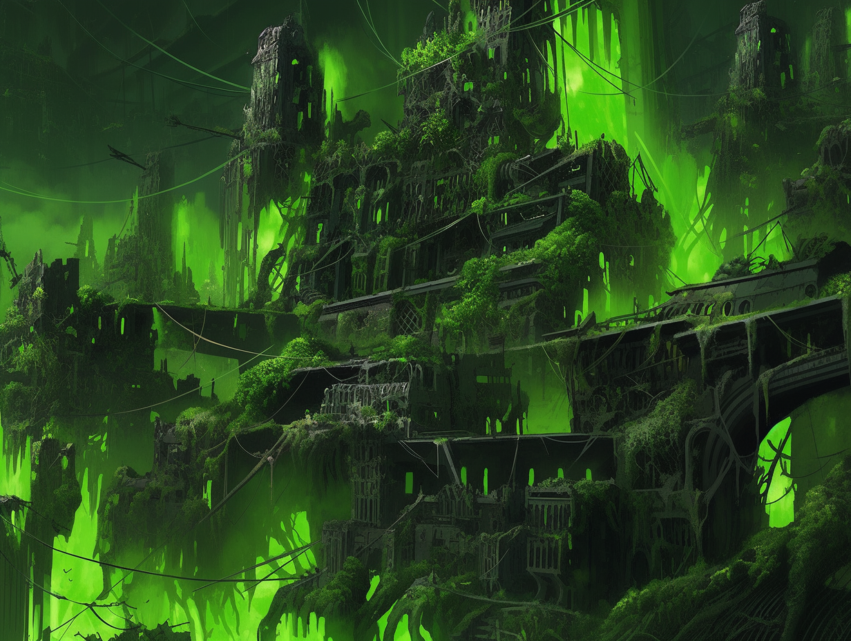 Ruined city covered in toxic green crystals