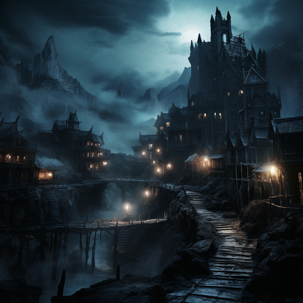 Gothic horror fantasy city in the mountains