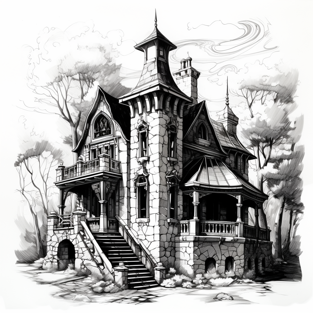 Gothic house ink drawing on white background