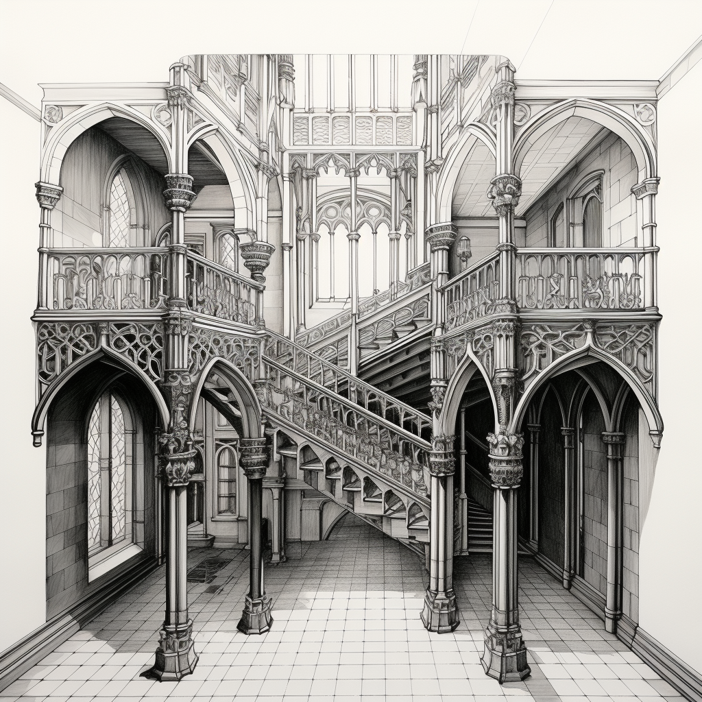 Gothic interior architecture drawings in isometric view