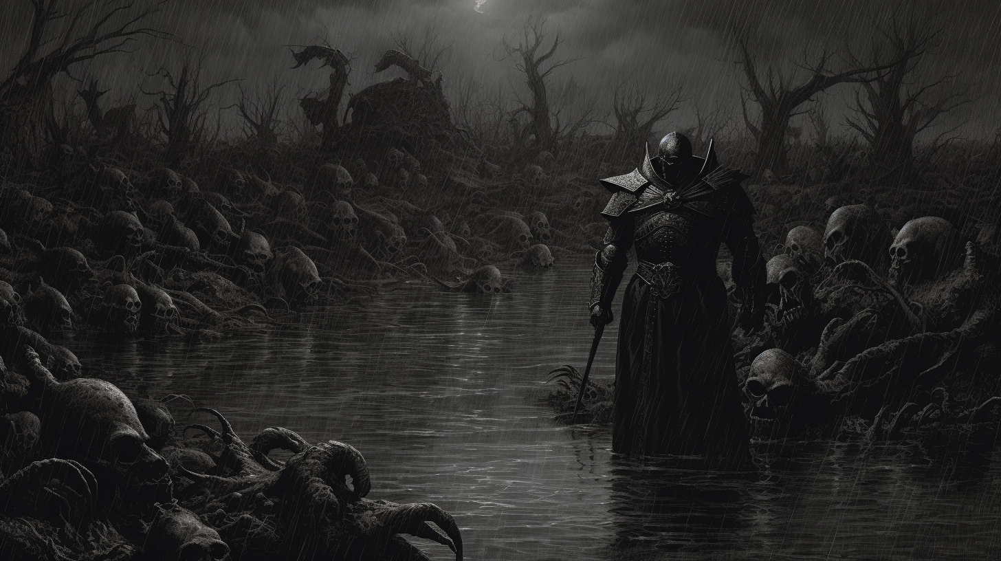 Gothic knight flooded swamp piranhas illustration