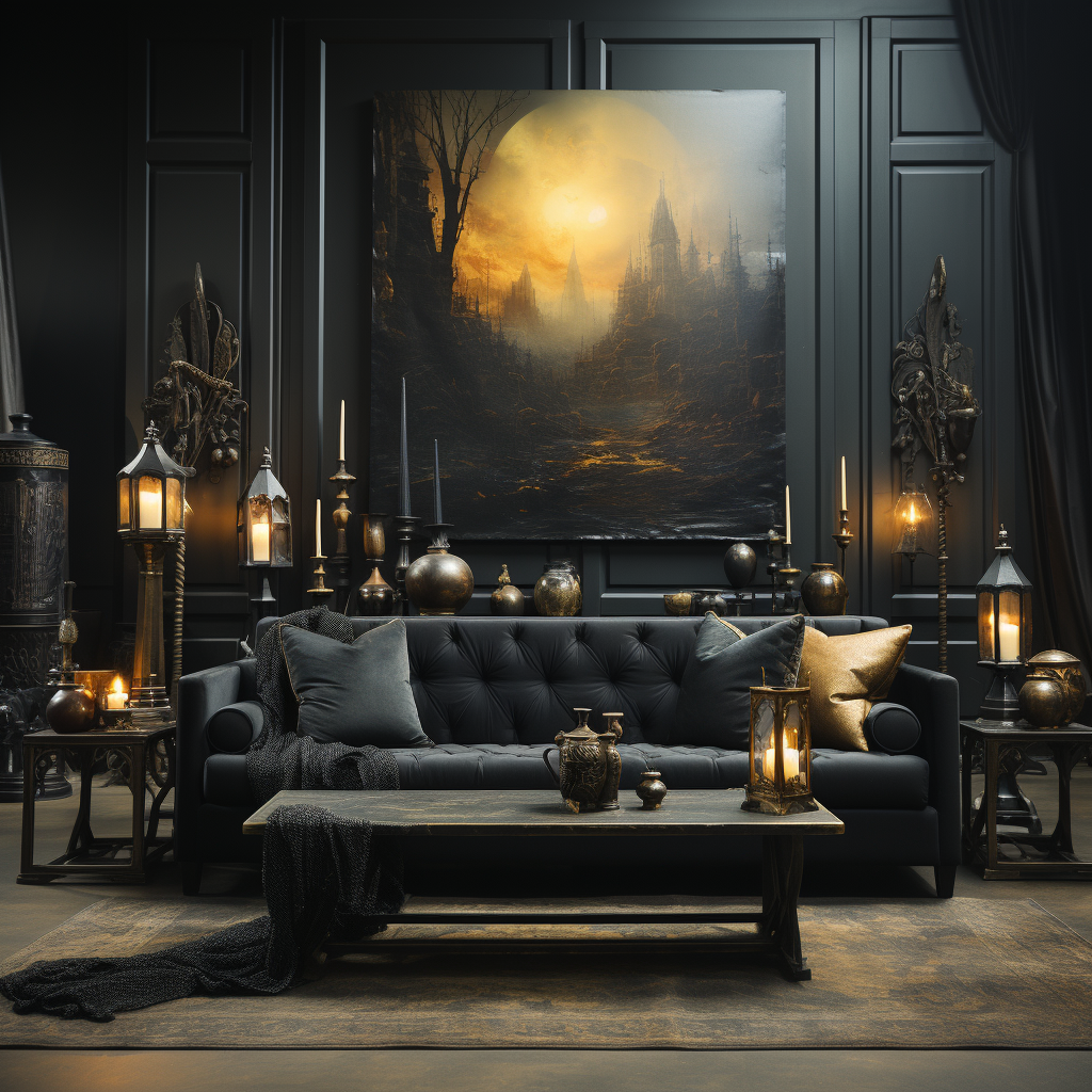 Eclectic Gothic Living Room with Picture Frame, Drapes, Sofa, Furnishings