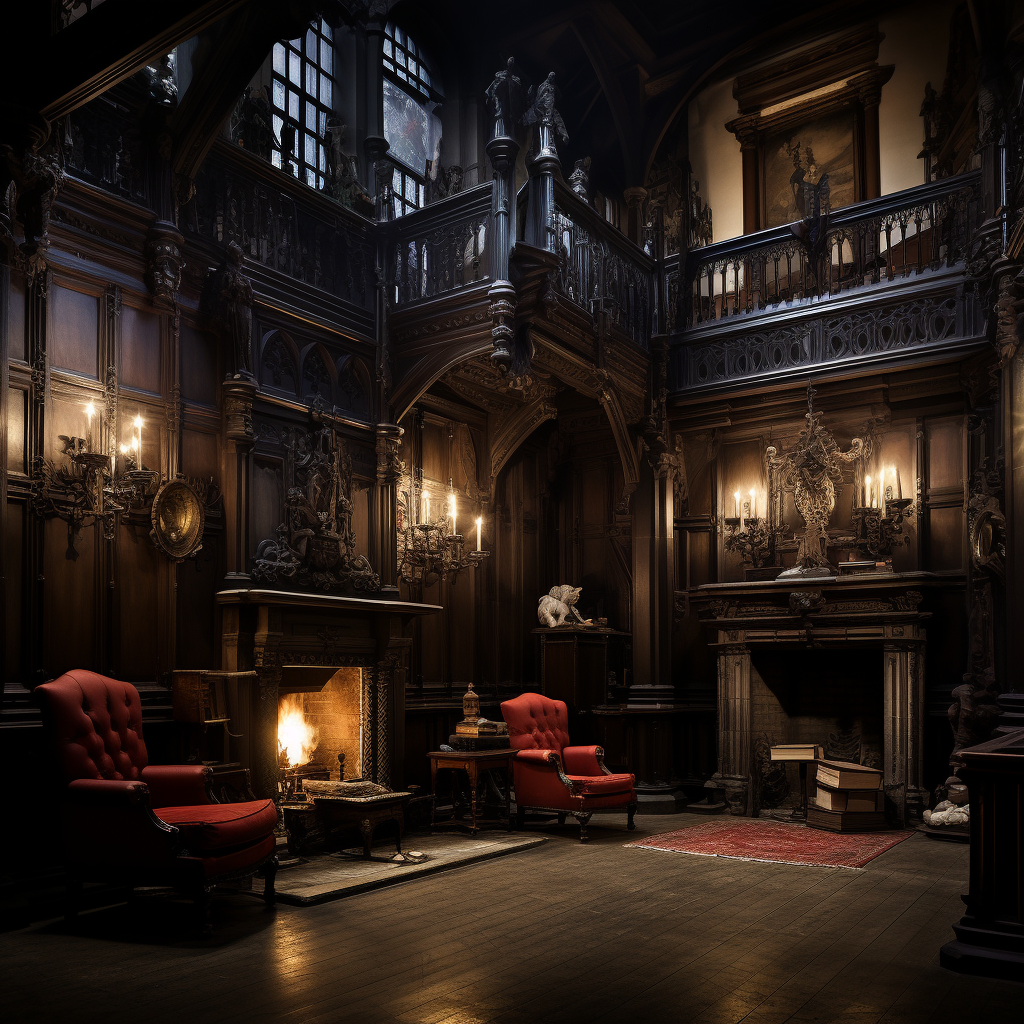 Creepy Gothic Mansion with Spotlit Fireplace