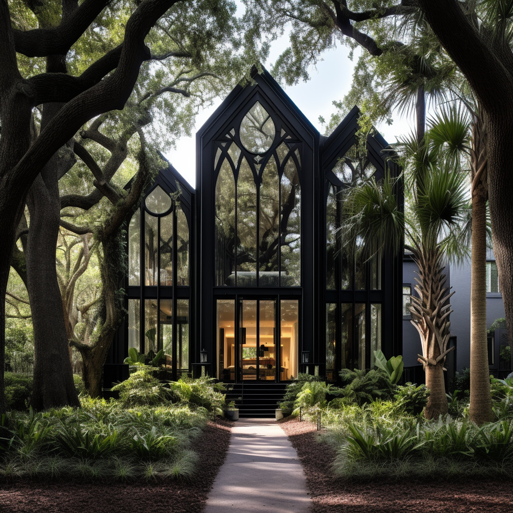 Modern Gothic Plantation Home with Trees and Shade