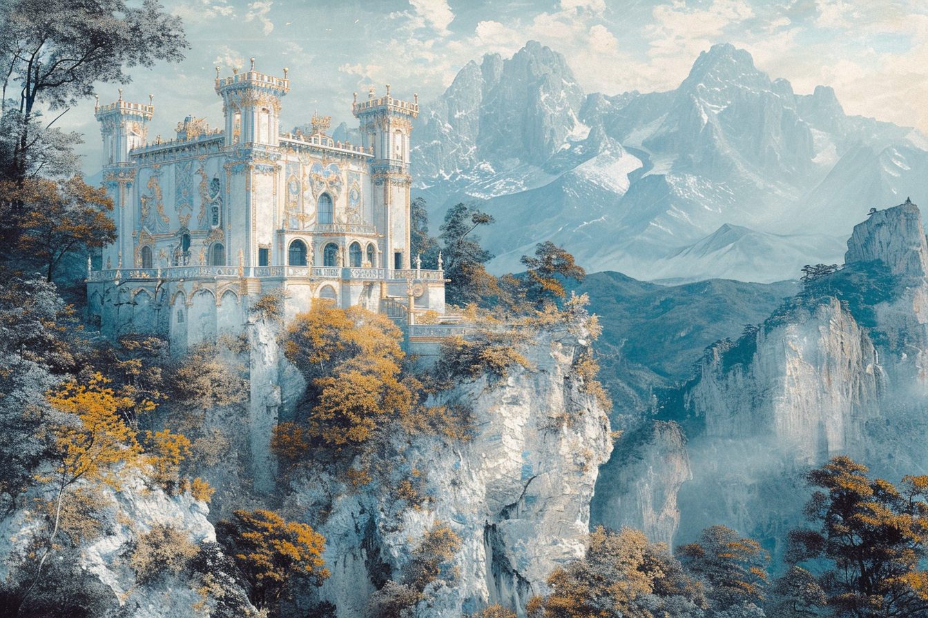 Medieval porcelain castle on cliff with alpine mountains