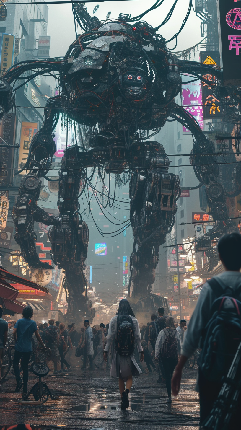 Gothic Robots Walking Tokyo City