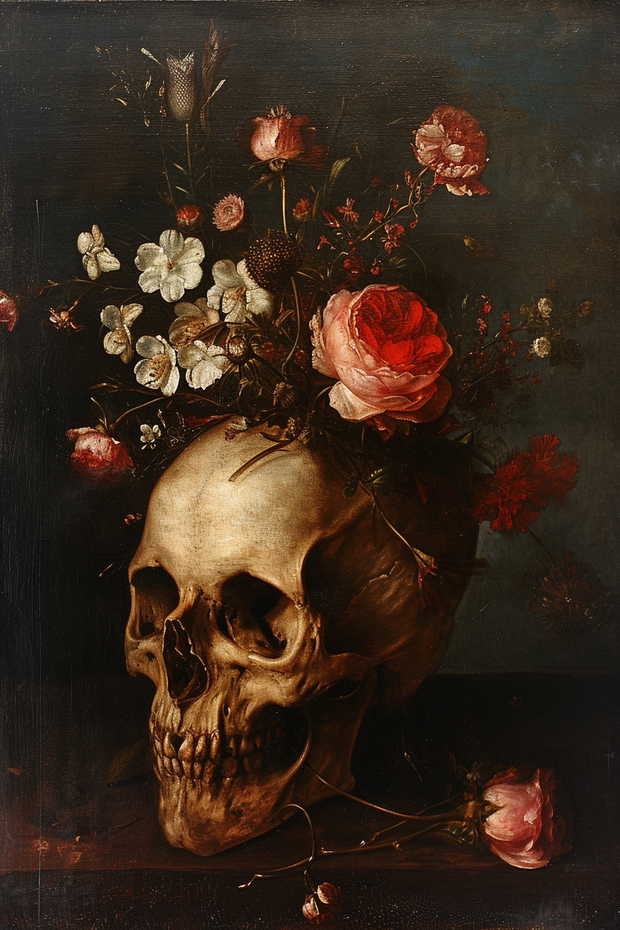 Gothic Skull with Flowers Artwork