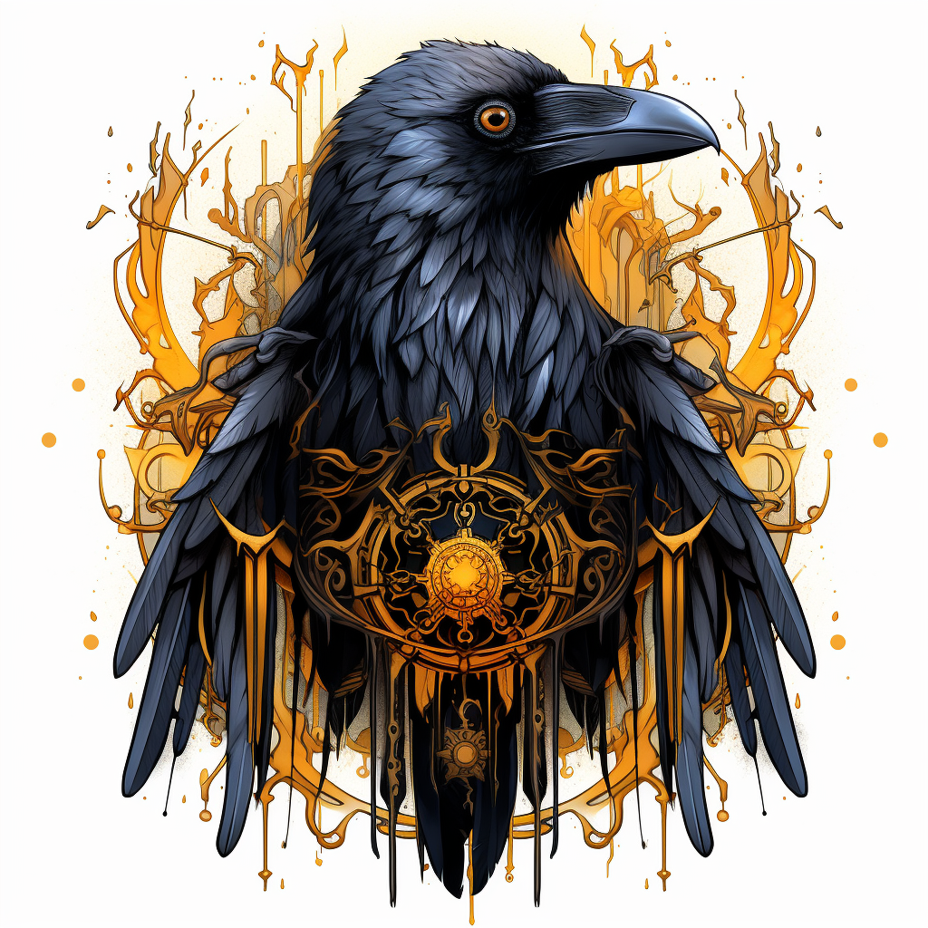 Crow illustration with gothic golden details