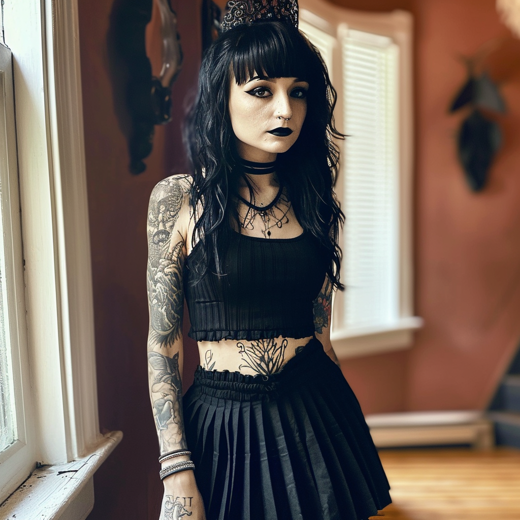 Image of a flirtatious gothic tattood girl in pleated skirt