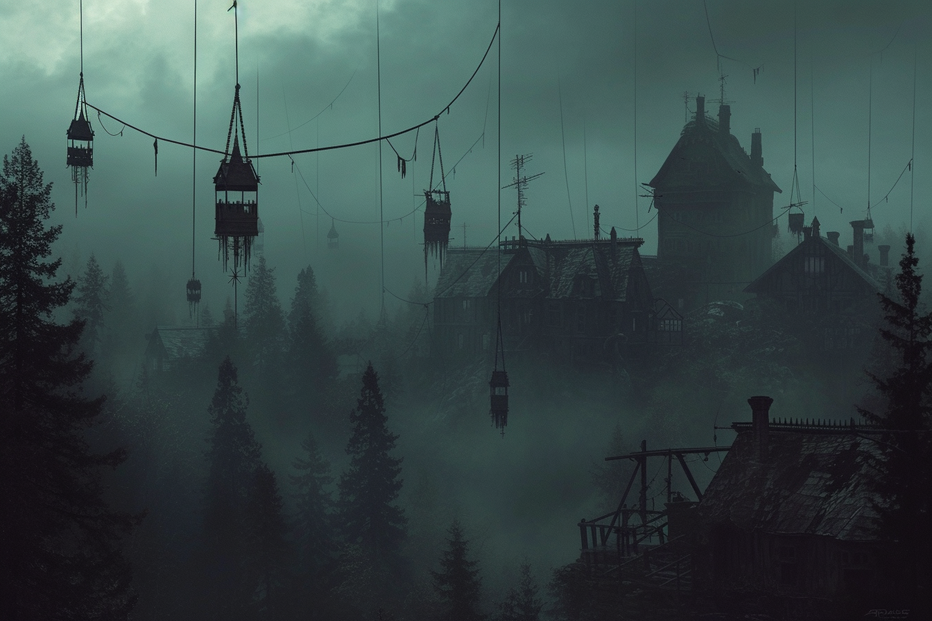 Gothic town hanging from strings in eerie forest