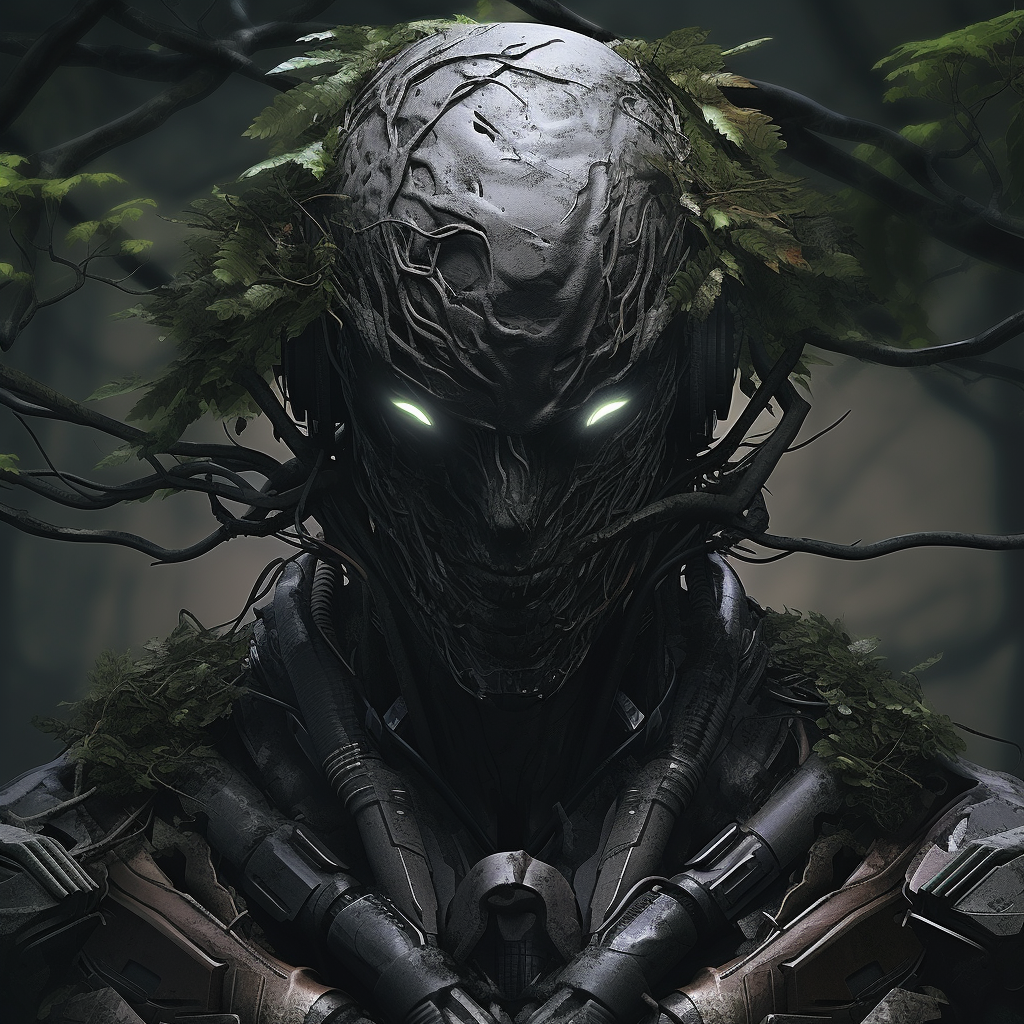 Half Gothic tree, half human soldier with tactical helmet made of leaves