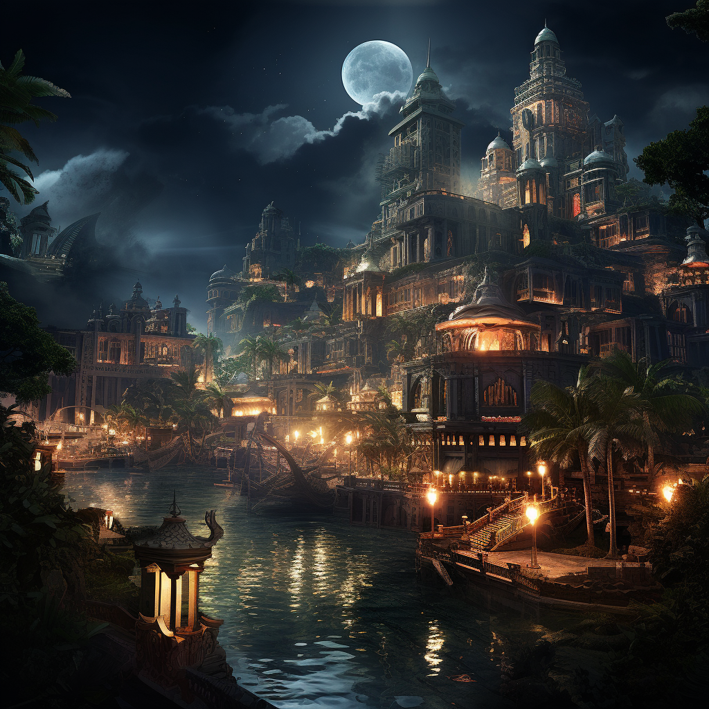 Gothic tropical night city scene